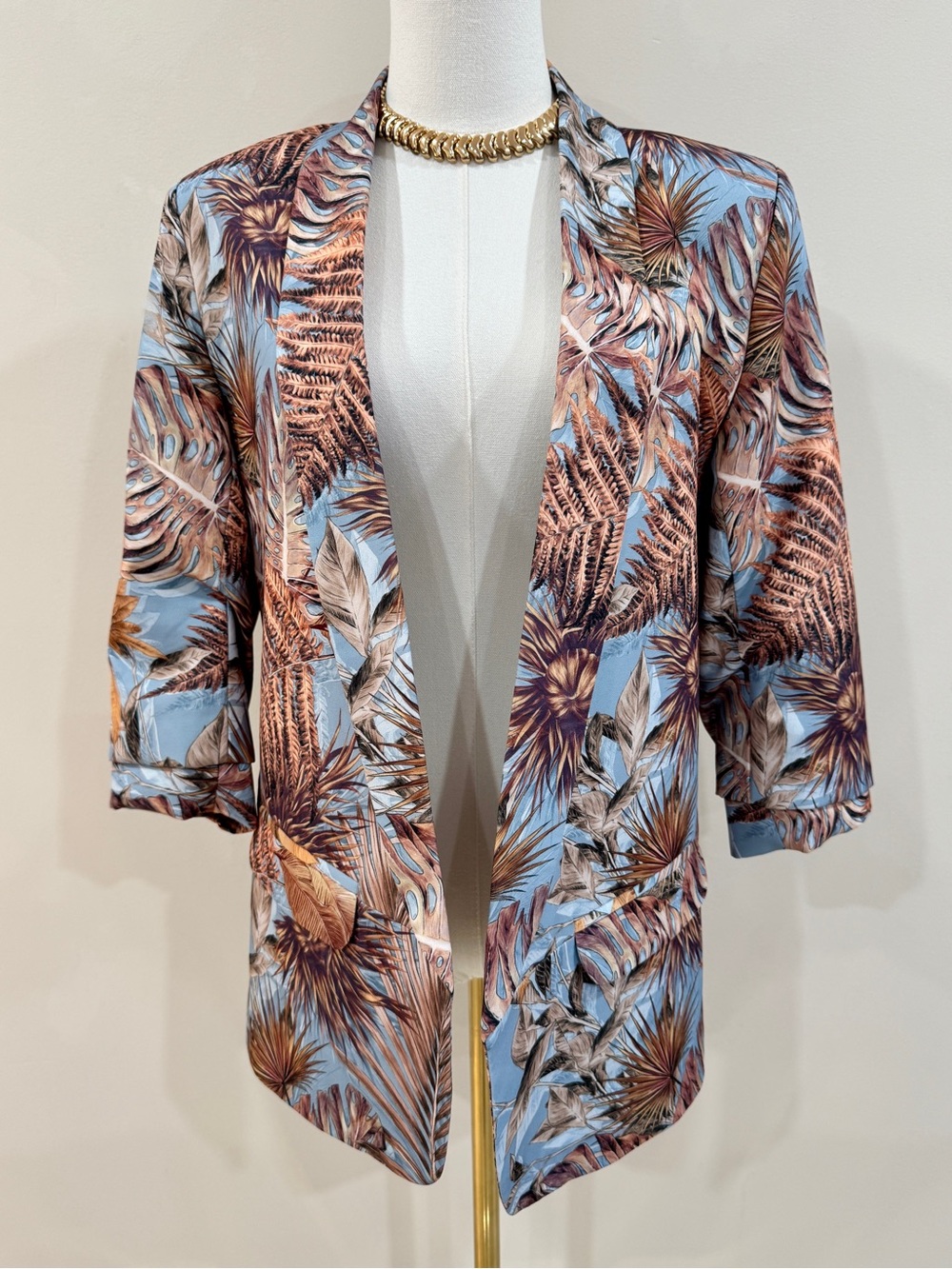 Tropical Palm Print Open Front Blazer Size 38/M Resort Coastal Chic Jacket